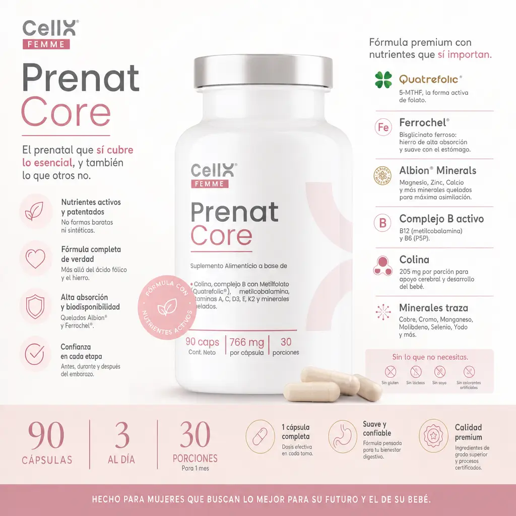 Prenat Core — Multivitamínico Prenatal con Quatrefolic® y Colina Real | CellX Femme