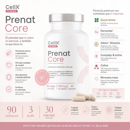 Prenat Core — Multivitamínico Prenatal con Quatrefolic® y Colina Real | CellX Femme