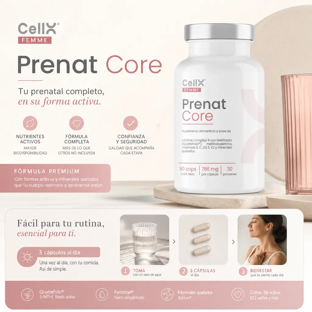 Prenat Core — Multivitamínico Prenatal con Quatrefolic® y Colina Real | CellX Femme