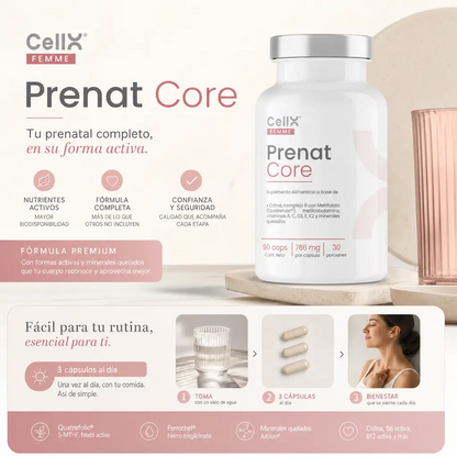 Prenat Core — Multivitamínico Prenatal con Quatrefolic® y Colina Real | CellX Femme