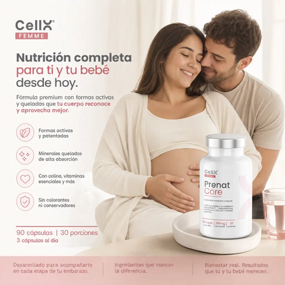 Prenat Core — Multivitamínico Prenatal con Quatrefolic® y Colina Real | CellX Femme