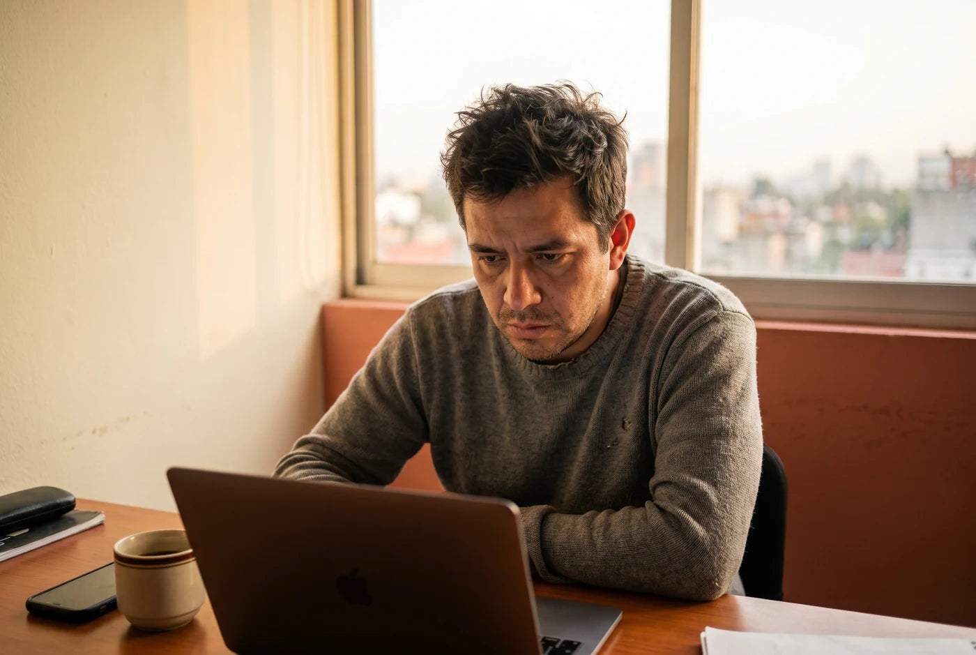 Fundador mexicano en su operación — estrés de construir, no stock wellness genérico