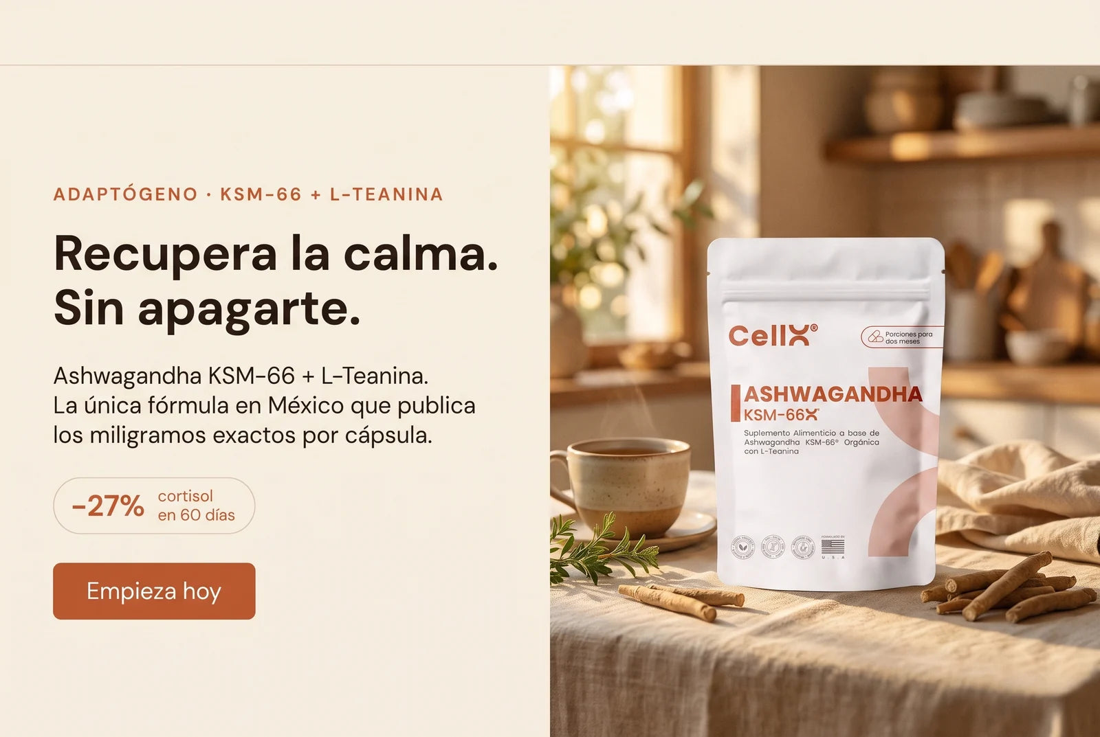 Ashwagandha KSM-66 + L-Teanina de CellX — recupera la calma sin apagarte
