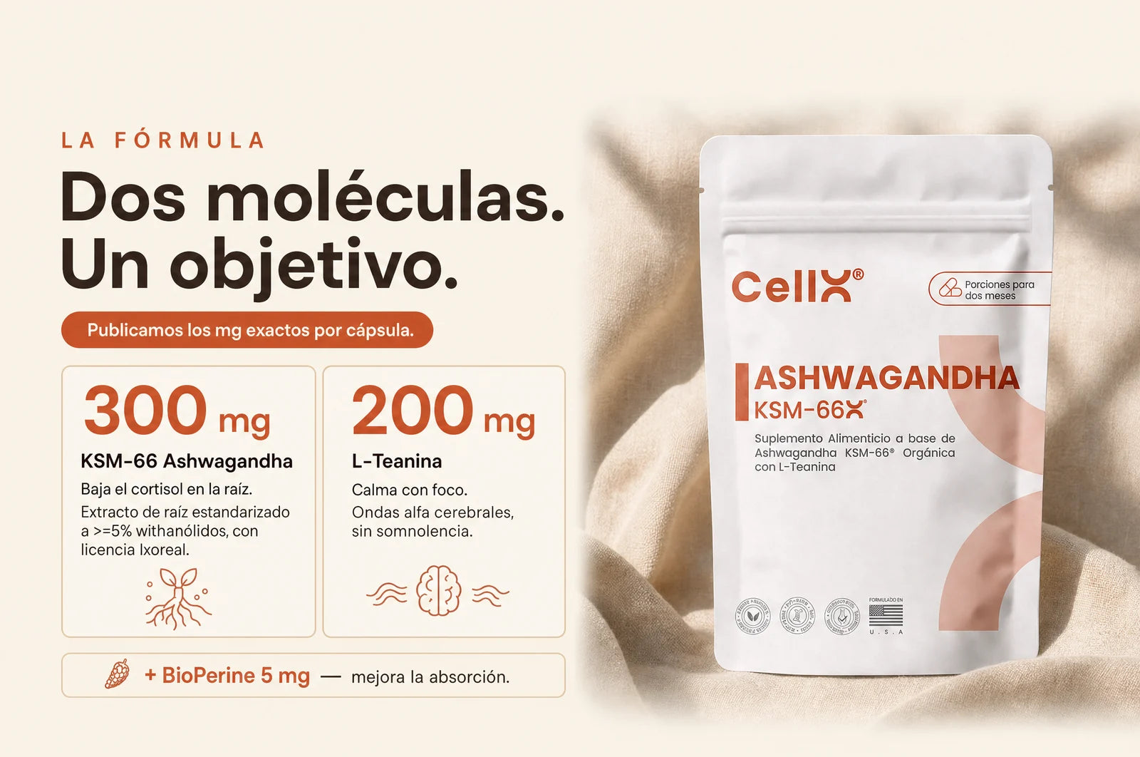 Fórmula: 300 mg KSM-66 Ashwagandha + 200 mg L-Teanina + BioPerine