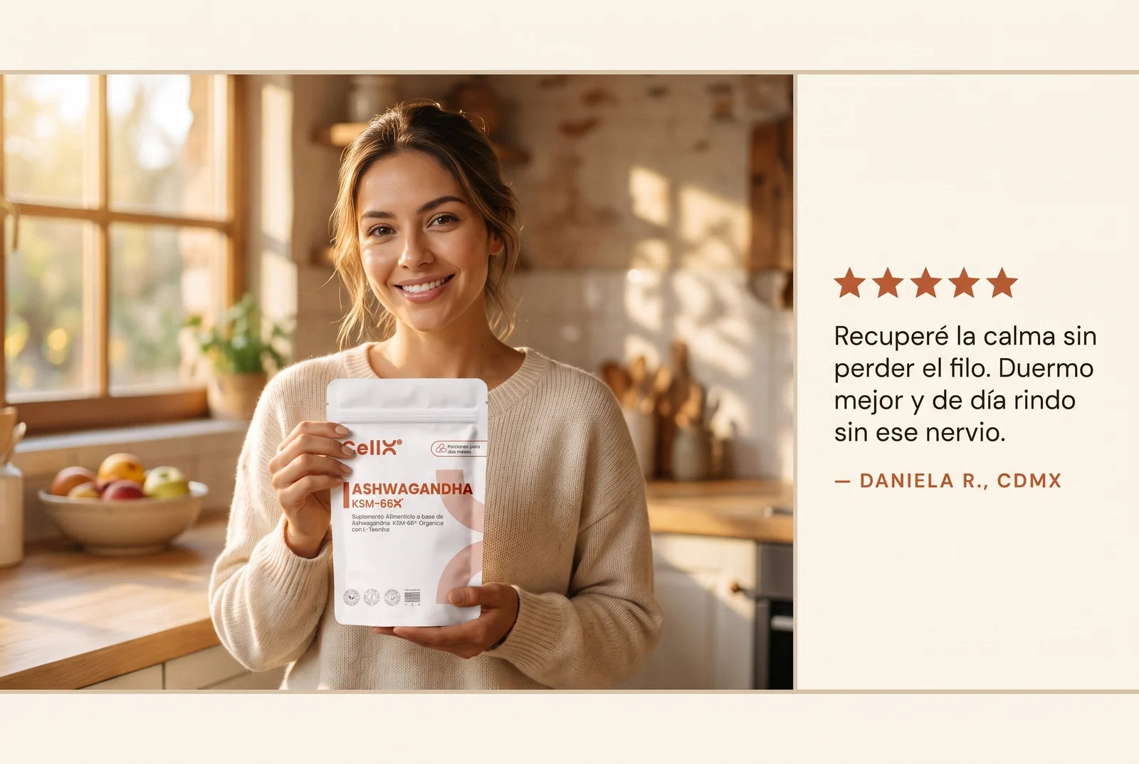Testimonio de clienta de CellX Ashwagandha KSM-66 + L-Teanina
